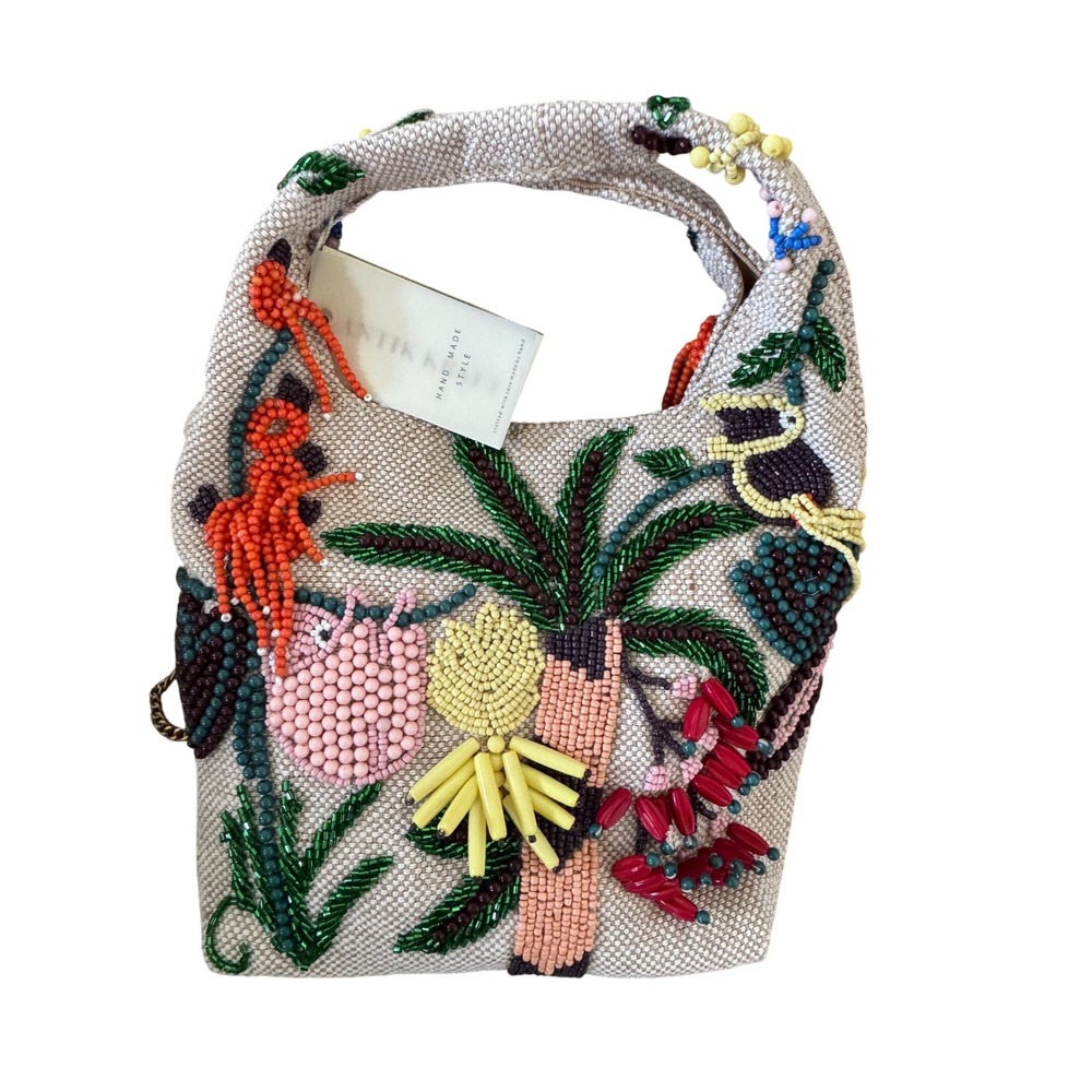 Tropical Jungle Pink Sloth Plantains Beaded Tote Crossbody Gold Tone Chain NWT